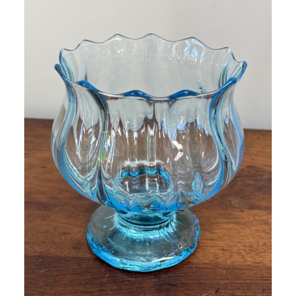 Vintage Toscany Italy Hand Blown Aqua Blue Art Glass Footed Bowl Compote 6" - Picture 9 of 10